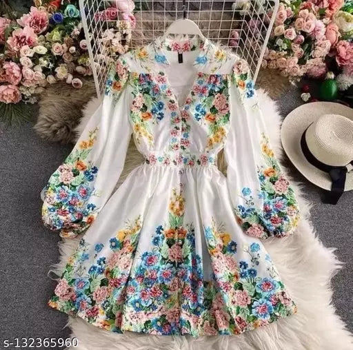 Puff Sleeves, Multicolor, Floral Printed dress