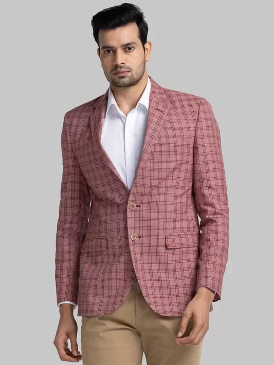 Men Checkered Single Breasted Formal Blazer  (Red)