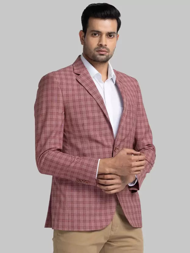 Men Checkered Single Breasted Formal Blazer  (Red)
