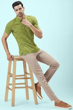 Olive Printed Casual Half Sleeves Polo Neck Men Slim Fit T-Shirt