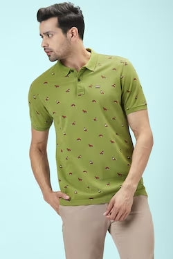 Olive Printed Casual Half Sleeves Polo Neck Men Slim Fit T-Shirt