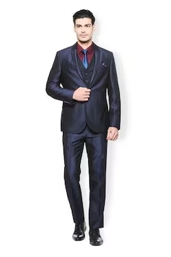 Navy Solid Formal Full Sleeves Lapel Collar Men Slim Fit Suit
