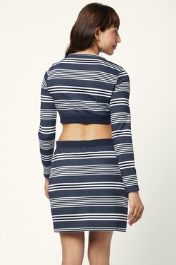 Navy Stripe Round Neck Casual Thigh Length Full Sleeves Women Regular Fit Dress