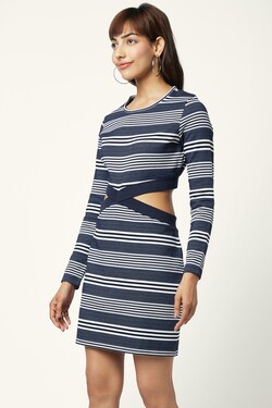 Navy Stripe Round Neck Casual Thigh Length Full Sleeves Women Regular Fit Dress