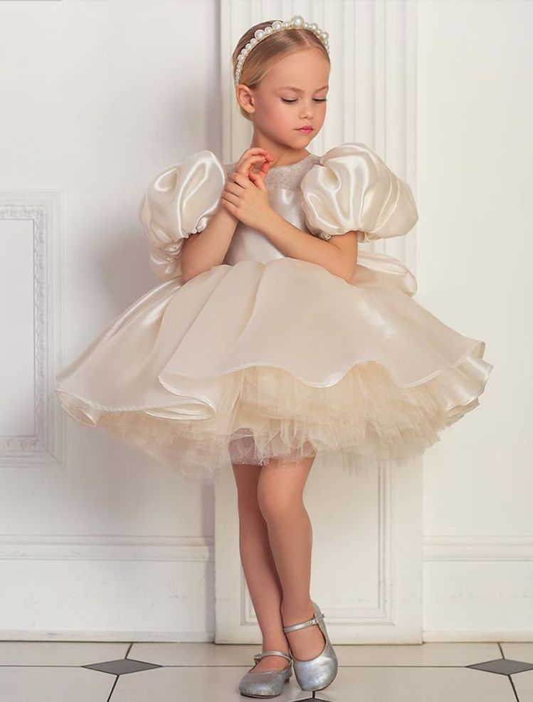 Kids Girls' Puff Sleeve Bow Dress Sequin Solid Colored A Line Dress Special Occasion