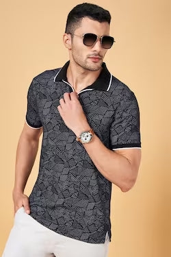 Black Print Casual Half Sleeves Polo Neck Men Slim Fit T-Shirt