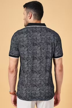 Black Print Casual Half Sleeves Polo Neck Men Slim Fit T-Shirt