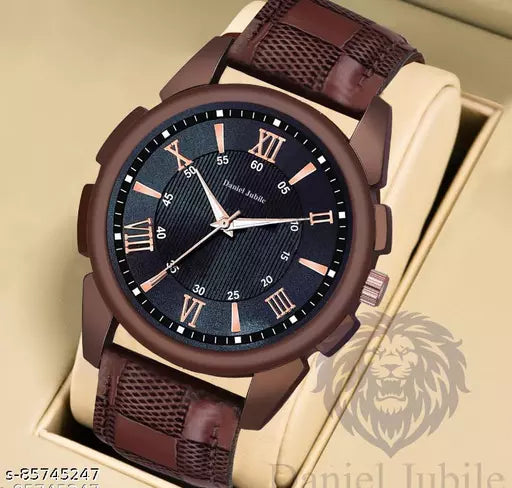 Men brown leather stylish watch