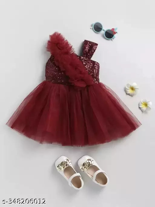Girls Maroon Stylish sleeveless Net frock best for casual wear daily wear girls dress