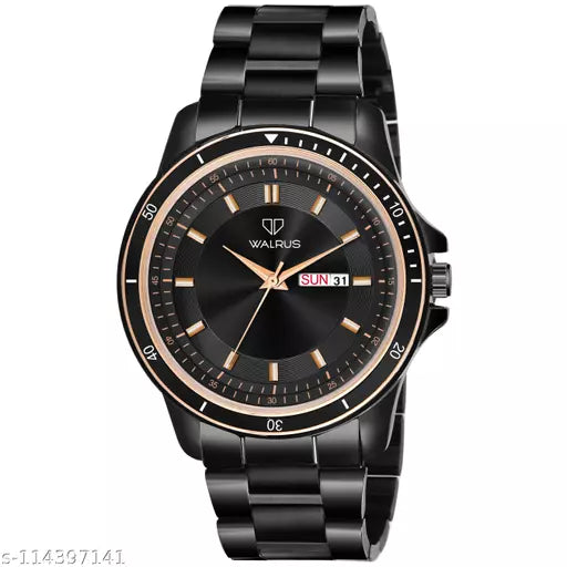 Walrus® Black Dial Analog Day Date Function Metal Chain Wrist Watch For Men With PUSH Button Lock