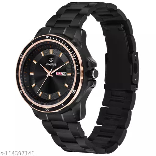 Walrus® Black Dial Analog Day Date Function Metal Chain Wrist Watch For Men With PUSH Button Lock