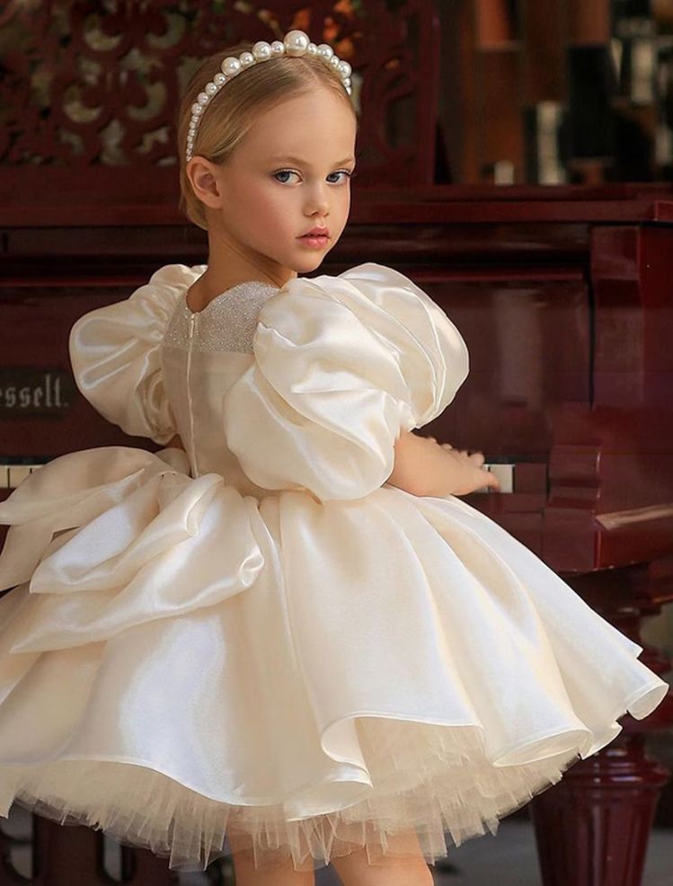 Kids Girls' Puff Sleeve Bow Dress Sequin Solid Colored A Line Dress Special Occasion