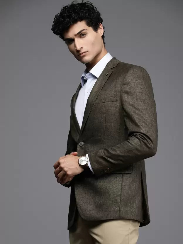 Men Solid Single Breasted Formal Blazer  (Brown)