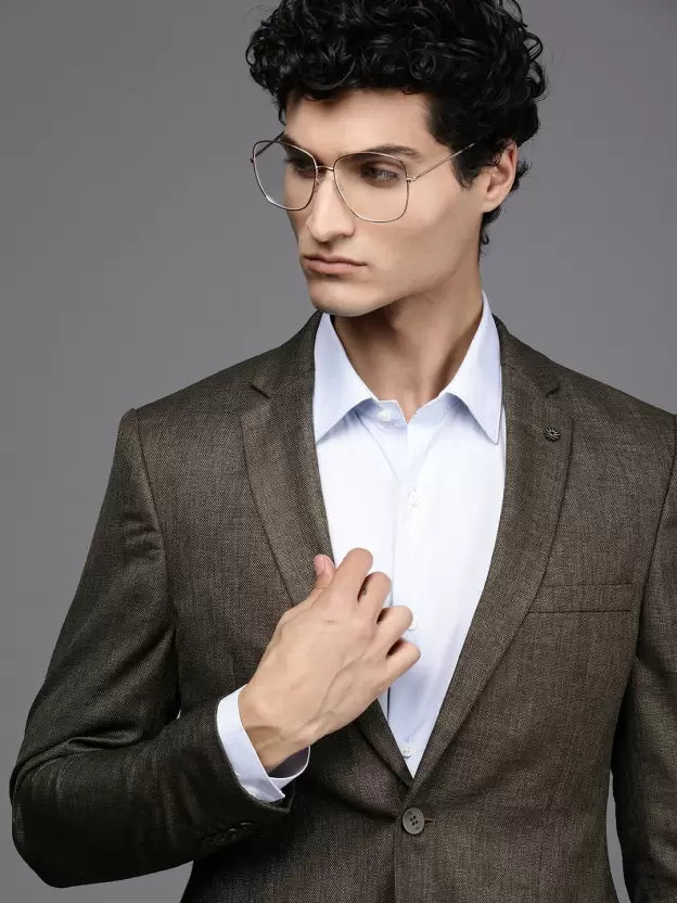Men Solid Single Breasted Formal Blazer  (Brown)