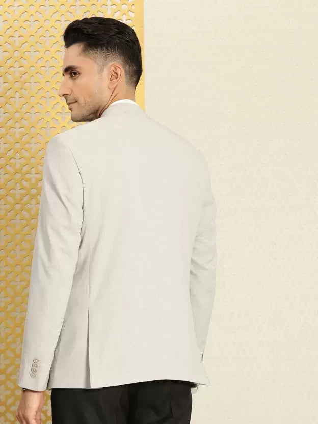 Men Self Design Bandhgala Festive Blazer  (Beige)