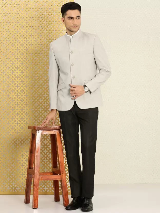 Men Self Design Bandhgala Festive Blazer  (Beige)
