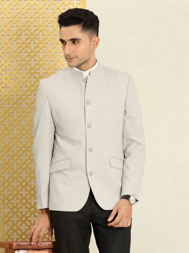 Men Self Design Bandhgala Festive Blazer  (Beige)