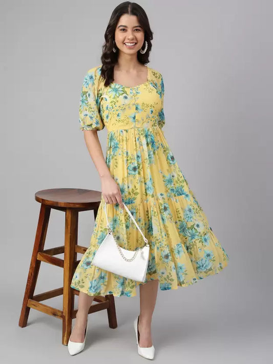 Women Fit and Flare Yellow Dress