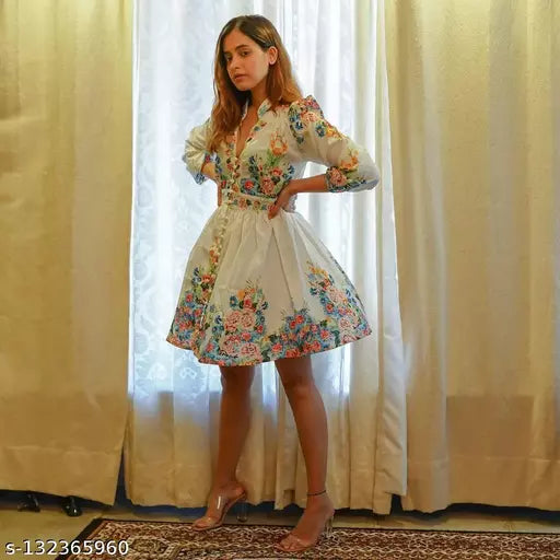 Puff Sleeves, Multicolor, Floral Printed dress
